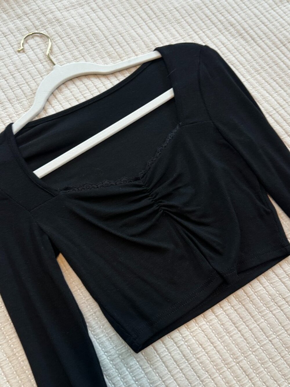 Black Long Sleeved Crop Top with Lace and Ruched Details